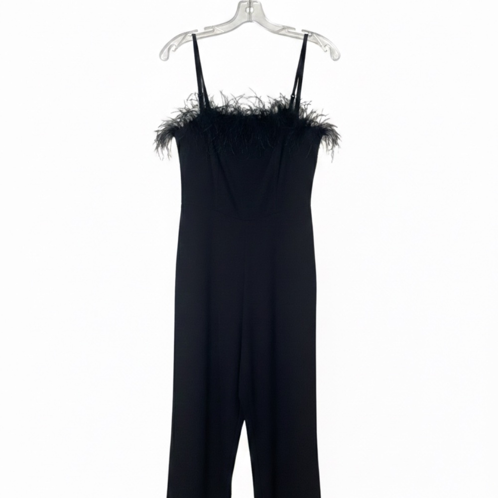 Elegant Black Feather-Trim Spaghetti Strap Jumpsuit
